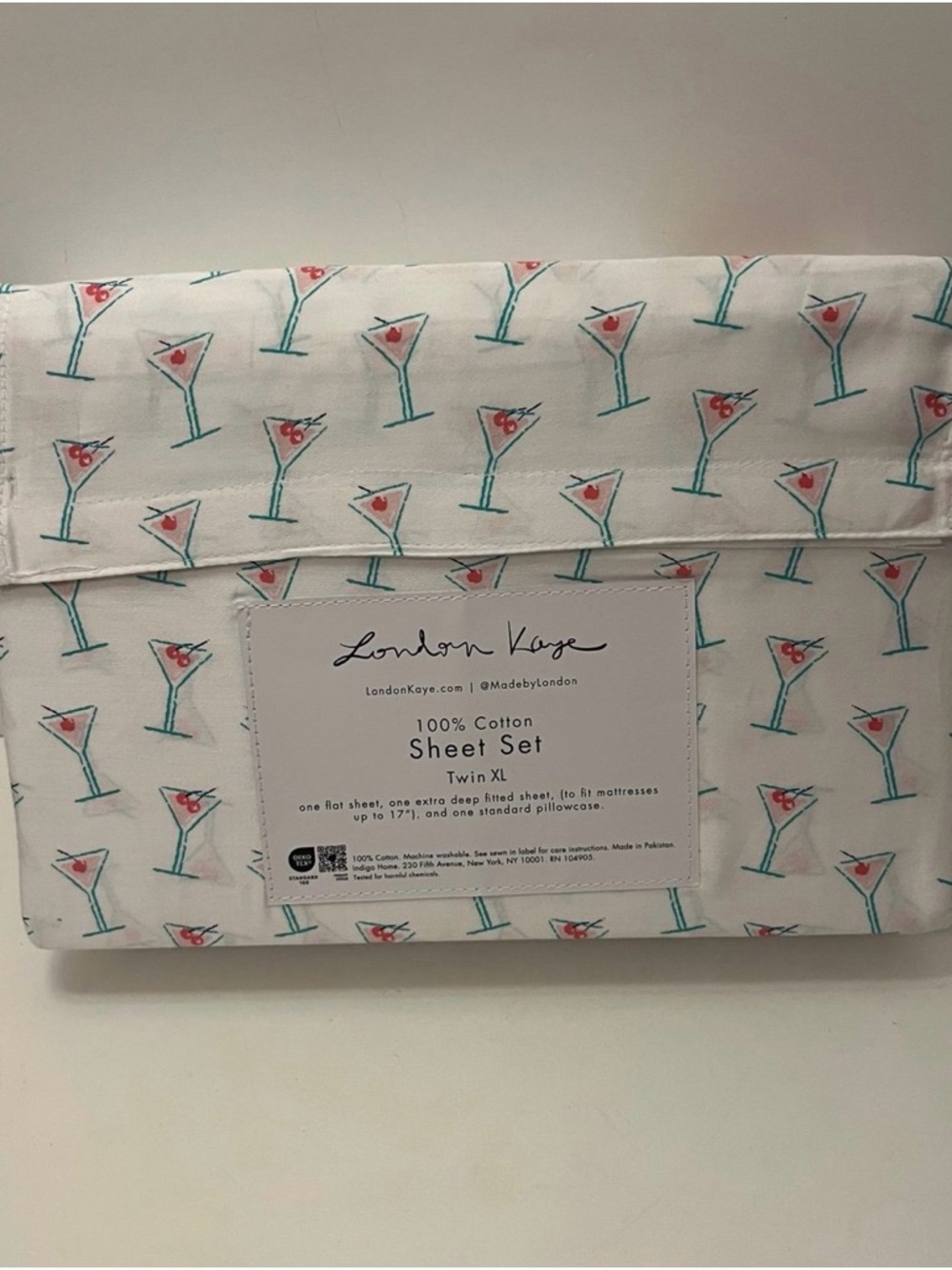London Kaye Twin XL Size Cotton Sheet Set Martini Glasses Print White Pink Green - Picture 8 of 12